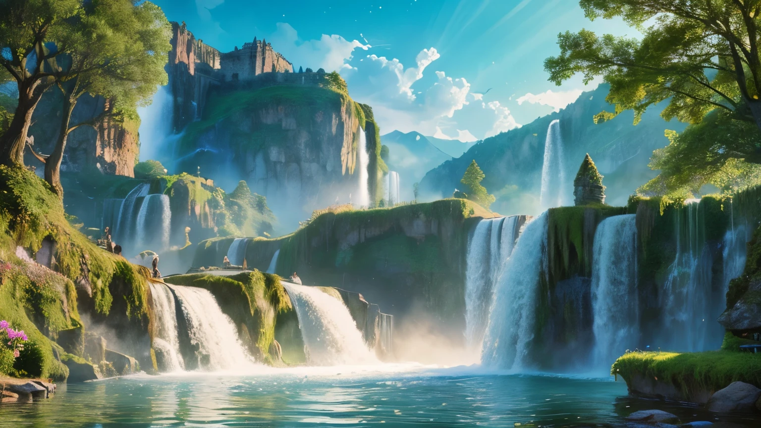 Masterpiece, (Realistic, Photorealistic:1.4), wall paper 8k, Beautiful illustration, fantasy world, high land, Lake side , Floating Fountain, floating water fall