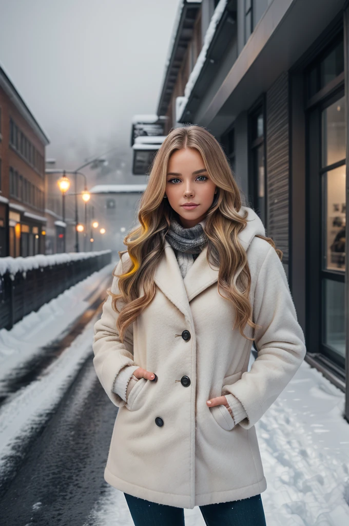 professional portrait photograph of a gorgeous Norwegian girl in winter clothing with long wavy blonde hair, sultry flirty look, gorgeous symmetrical face, cute natural makeup, wearing elegant warm winter fashion clothing, ((standing outside in snowy city street)), stunning modern urban environment, ultra realistic, concept art, elegant, highly detailed, intricate, sharp focus, depth of field, f/1. 8, 85mm, medium shot, mid shot, (((professionally color graded))), bright soft diffused light, (volumetric fog), trending on instagram, hdr 4k, 8k