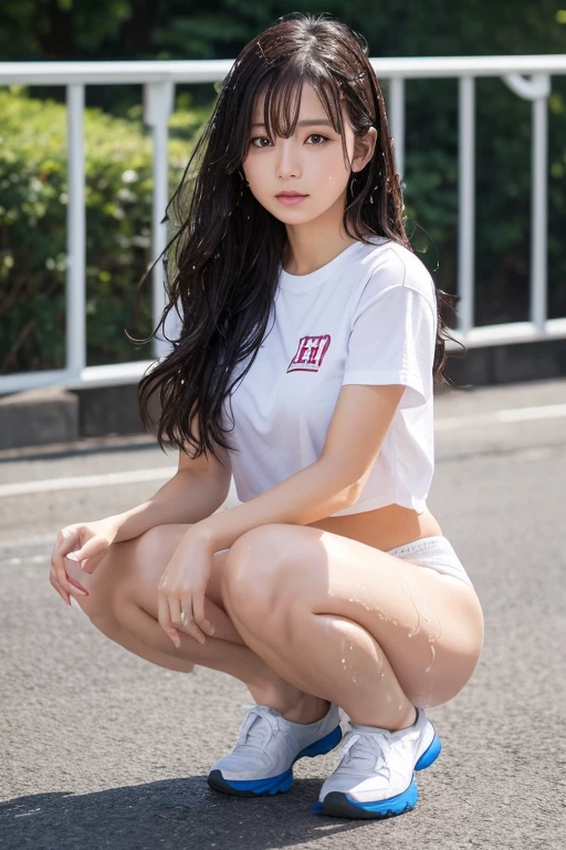 透けているピンク色の濡れた⚪︎⚪︎⚪︎を見せつけています,One girl, High resolution, Long Hair, Anatomically correct, Highest quality, Wet,front,Leg spread,squat,Not wearing,I&#39;m not wearing it.,Beautiful inner thighs,15 years old,⚪︎⚪︎⚪︎が痒い,Spread your legs