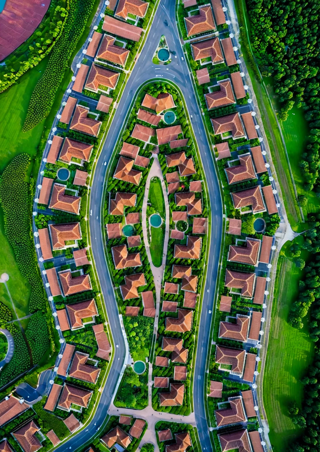 ((RED BROWN ROOF FROM TOP VIEW : 1.3)) , RAW photo, real, best quality, view from above looking down, green planning, overall project perspective, 60% green tree density, tropical architecture, winding walkway along the park, green park, 
beautiful lake park, located around people's houses, scale, very very very high details, beautiful nightsky, real sky