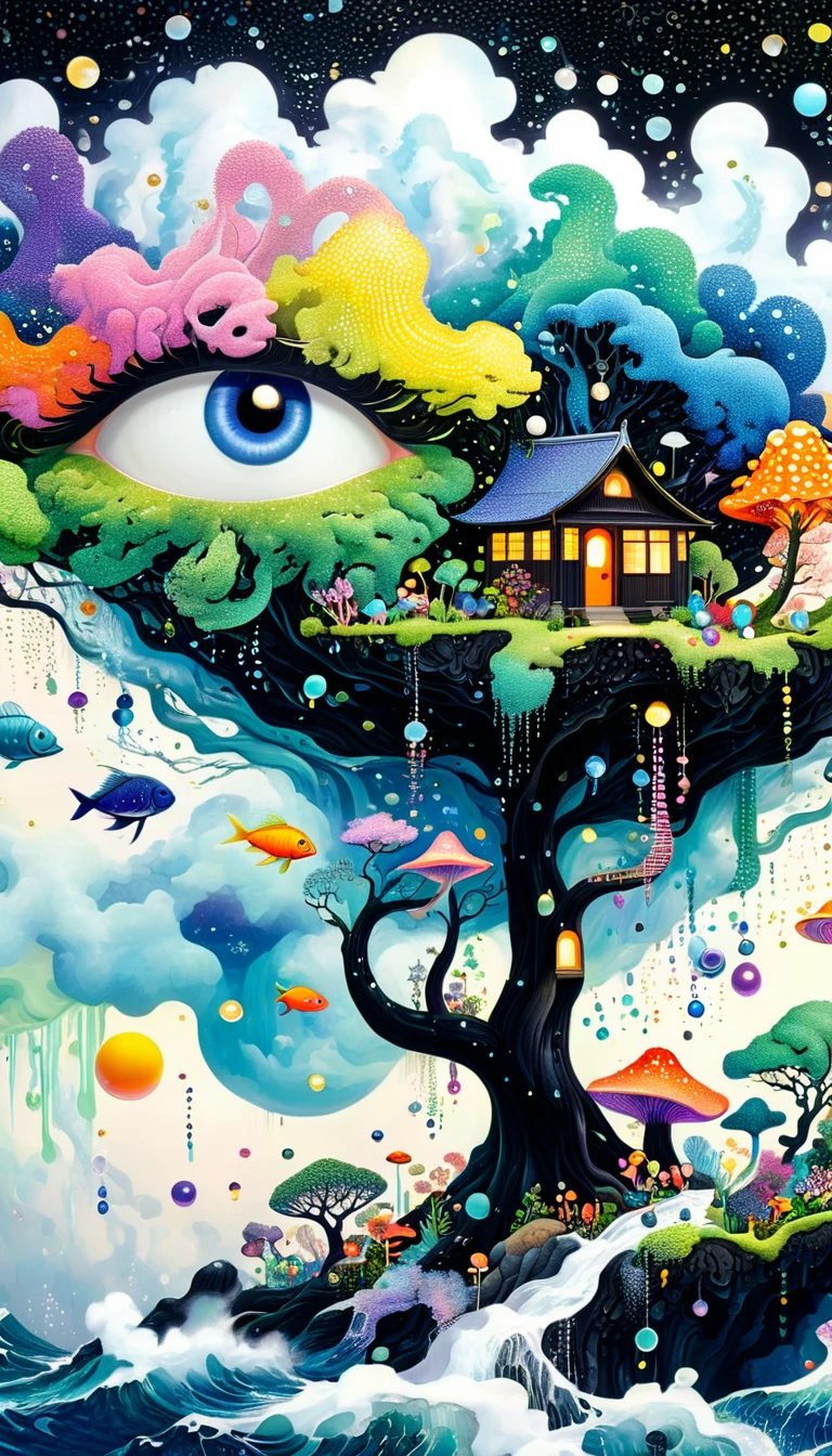 Broto art style，Strong visual fusion of multiple elements，来自Star的艺术家，Colorful black，Dopamine color scheme，house、Eye、Tree、pearl珠帘、pearl、Star、cloud、fish、Spore powder、Ocean、rain、Tentacles，Describing the inner world of autistic people，密集Pointillism method。Smooth lines。interesting，Strange illustration。Pointillism method。Strong contrast。Award-winning works。