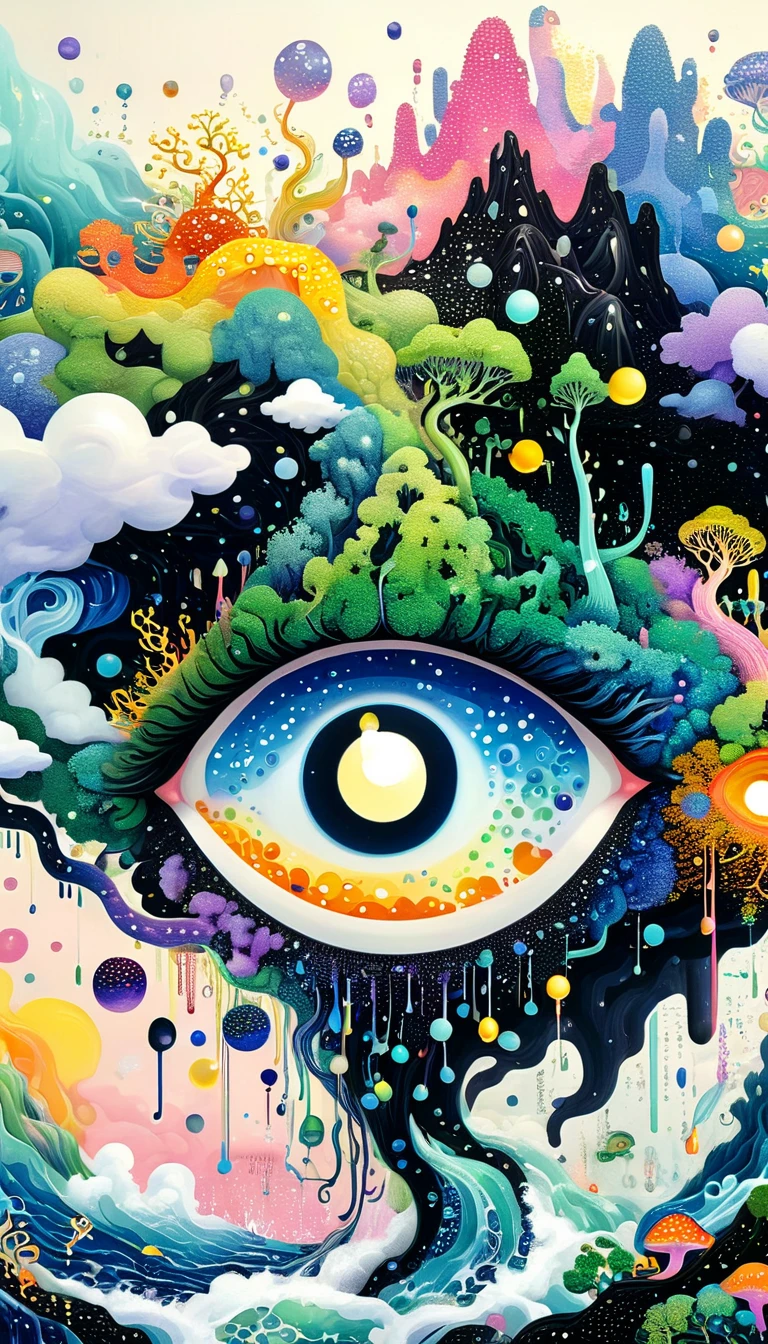 Broto art style，Strong visual fusion of multiple elements，来自Star的艺术家，Colorful black，Dopamine color scheme，house、Eye、pearl珠帘、pearl、Star、cloud、fish、Spore powder、Ocean、rain、Tentacles，Describing the inner world of autistic people，密集Pointillism method。Smooth lines。interesting，Strange illustration。Pointillism method。Strong contrast。Award-winning works。
