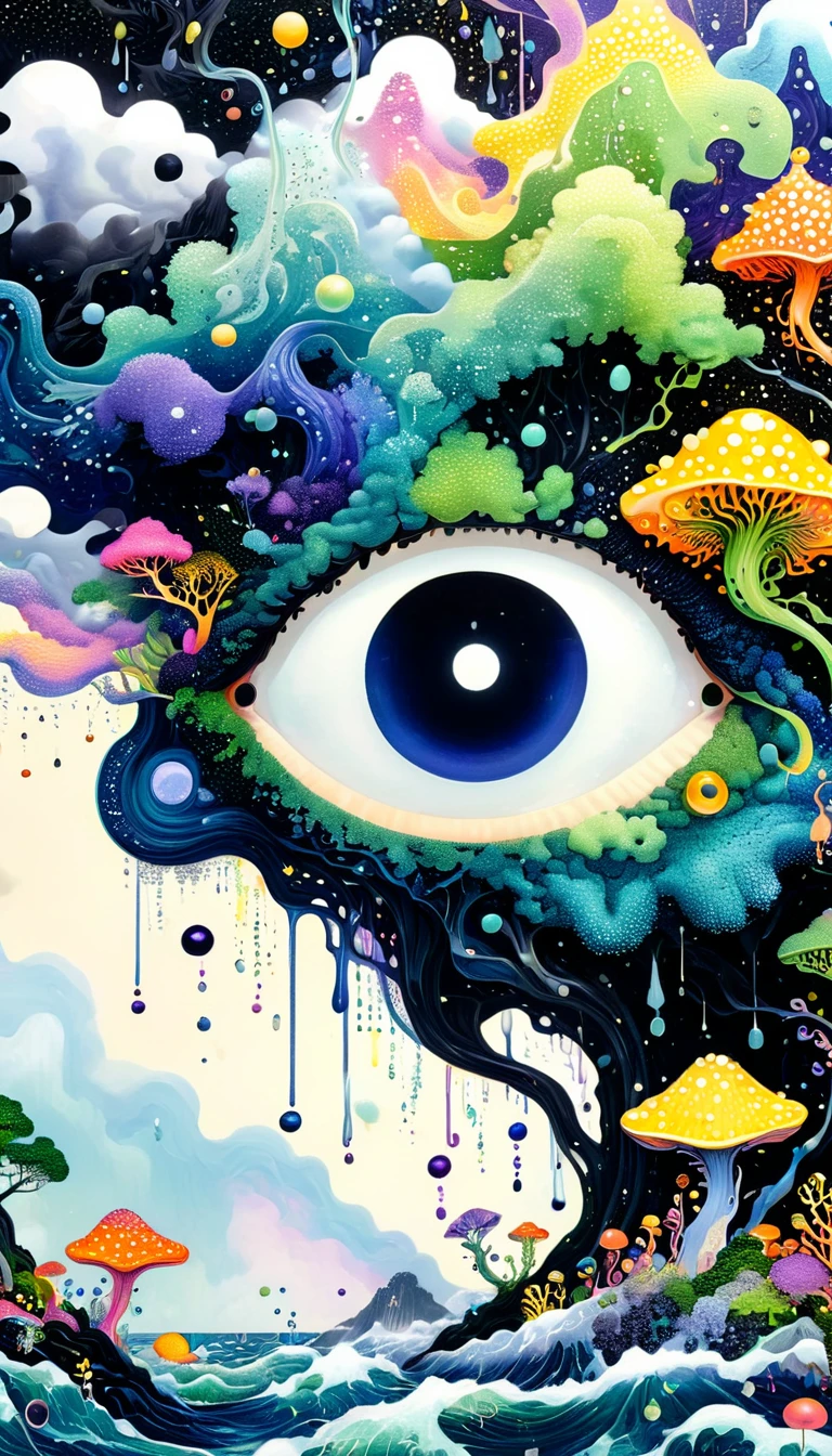 Broto art style，Strong visual fusion of multiple elements，来自Star的艺术家，Colorful black，Dopamine color scheme，house、Eye、Tree、pearl珠帘、pearl、Star、cloud、fish、Spore powder、Ocean、rain、Tentacles，Describing the inner world of autistic people，密集Pointillism method。Smooth lines。interesting，Strange illustration。Pointillism method。Strong contrast。Award-winning works。