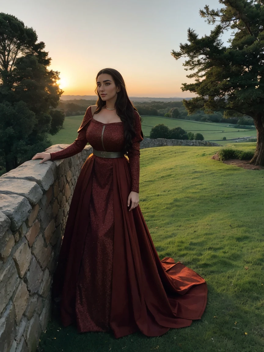 Gorgeous and sultry busty athletic (thin) brunette queen with sharp facial features wearing a modest updo, dark red medieval dress, long sleeves, intricate patterns, scrollwork, wide neck, crown, veil, long dress, modest dress, tight bodice, silver belt, (waist chain), medieval jewelry, Middle Ages, castle, rampart, wall, exterior, on top of a castle wall, trees, countryside, evening, sunset.