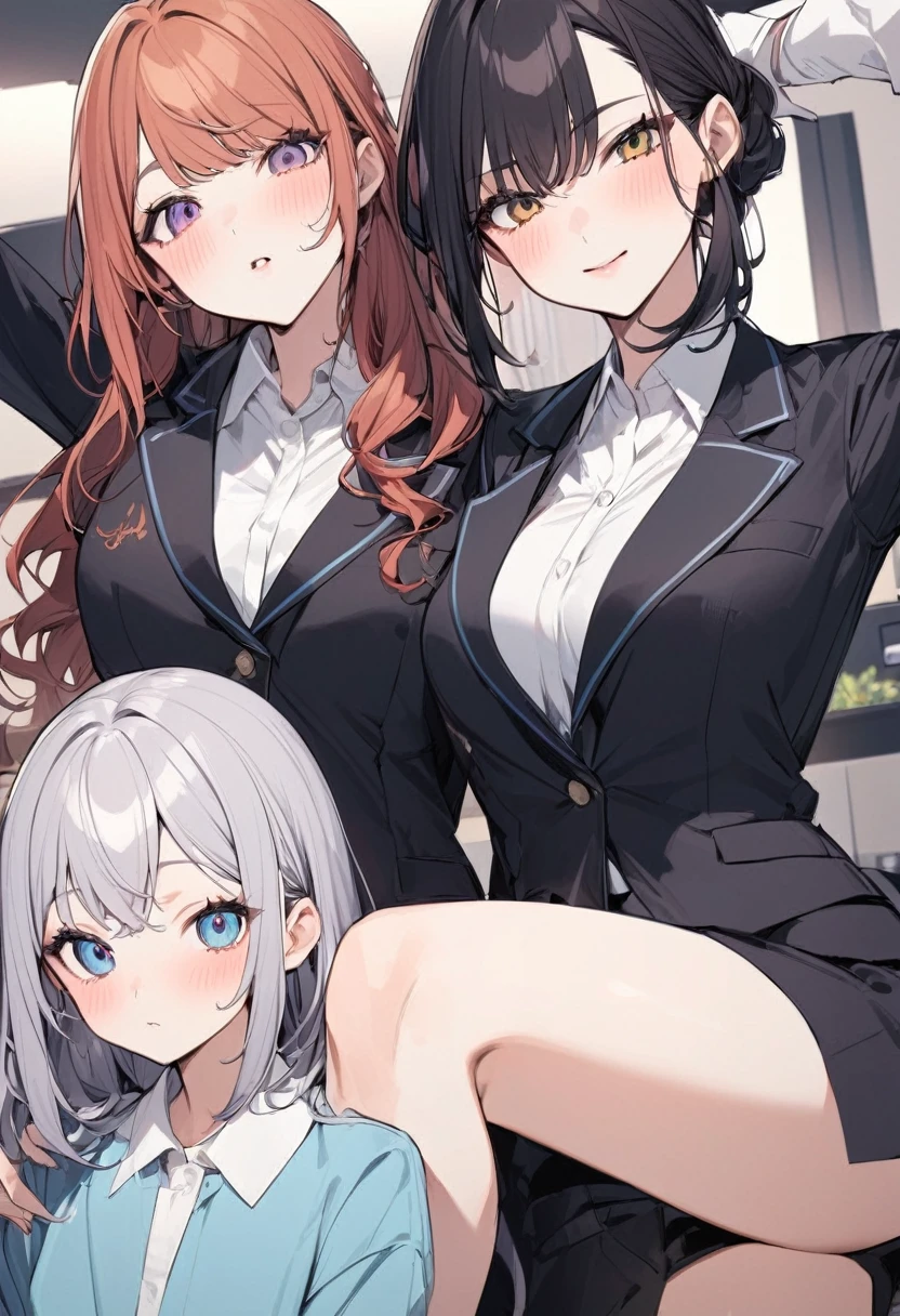 Three women in business clothes posing for a photo in a room, wearing suit!, 厳格なsuitで, 厳格なビジネスsuitを着ている, 厳格なsuitを着た, Office Clothes, wearing a suit, JK Uniform, Work clothes, Full Cosplay, suit, ビジネスsuitを着用する, ビジネスsuitを着て, suitを着た, Professional Cosplay, ビジネスsuitを着ている, suitを着た女の子