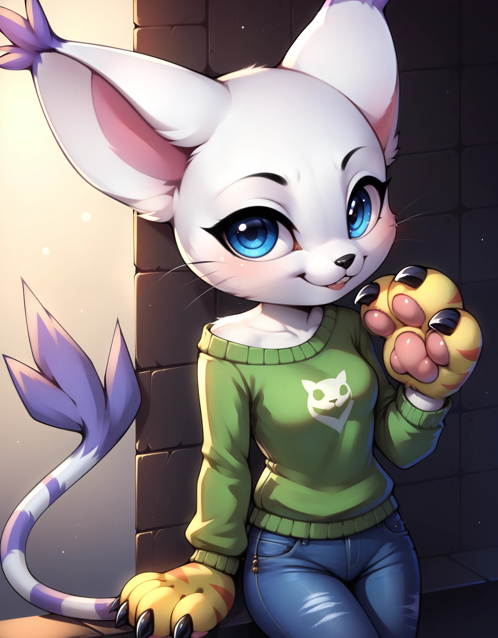 gatomon, feral, (digimon), solo, looking at viewer, blue eyes, white fur, striped tail, gloves, paw gloves, pawpads,, digital_media_(artwork) hi_res, score_9, score_8_up, score_7_up, score_6_up,  rating_safe, beautiful, anthro, furry, female, slim, slender, small breasts, cute, sweater, denim jeans, multicolor hair, streaked hair, red blue blonde silver hair, blonde fur, beautiful blue eyes, smile, solo, SFW, Gatomon,