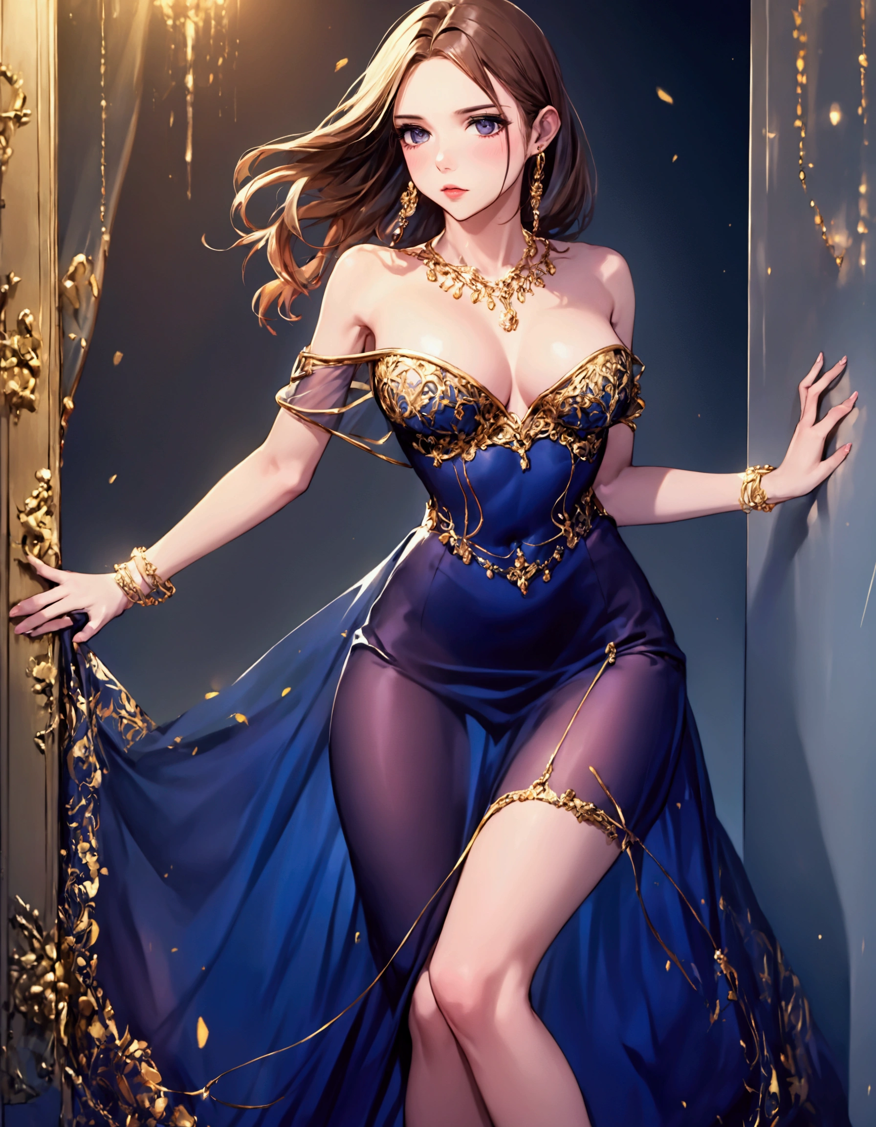 a beautiful woman, 25 years old, waist-length hair, trendy air sheer dress off the shoulders, exposed stomach, fashion party, glamour poses, hyper-detailed, realistic, 8k, photorealistic, masterpiece, dramatic lighting, cinematic, elegant, alluring, captivating, sensual, sophisticated, glamorous, stunning, ethereal, high-fashion