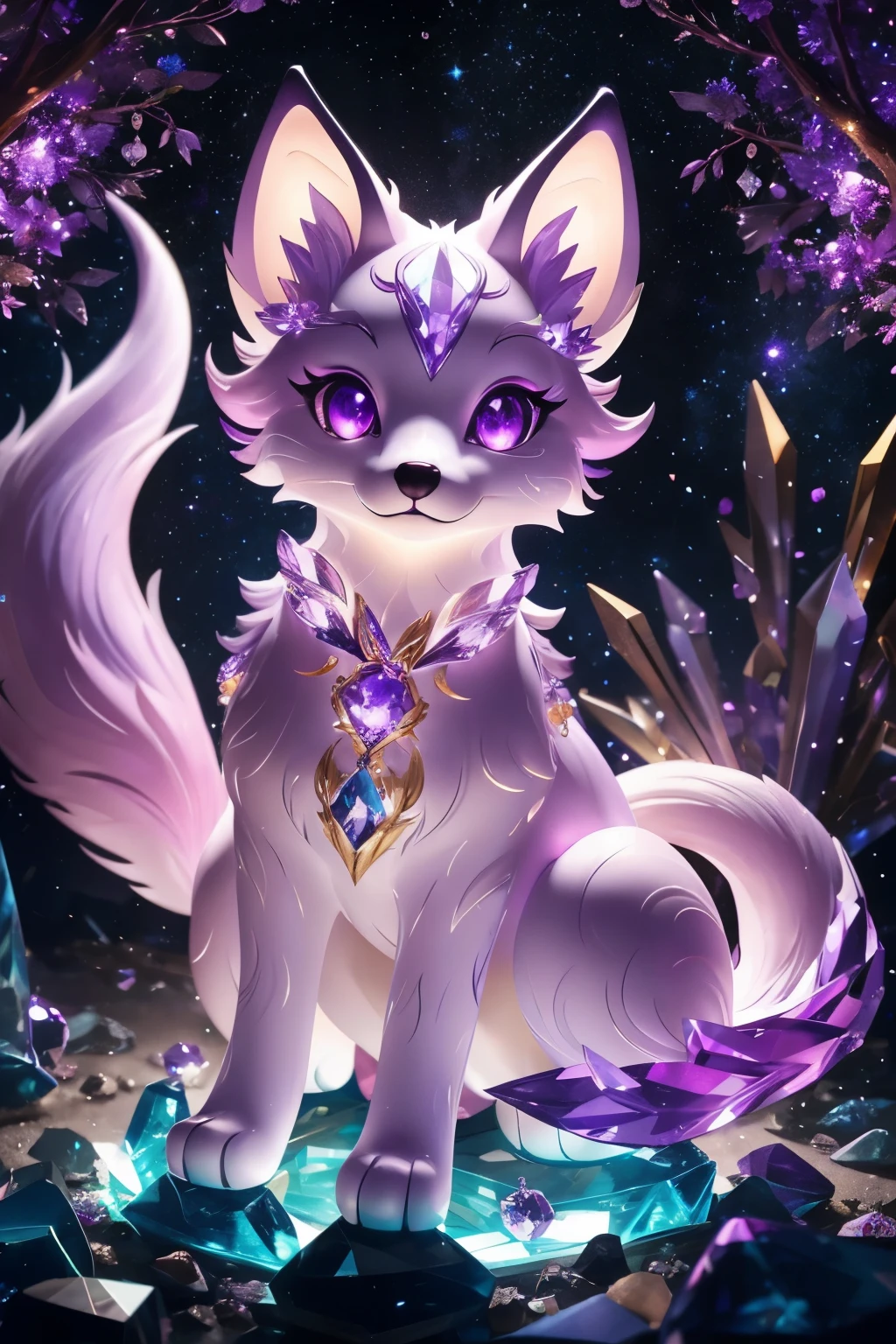 ((best quality)), ((masterpiece)), (detailed), high quality, shimmer, picture of cosmic kitsune fox spirit with shiny crystal fur, six crystal tails, crystal tails, crystallize tails, glowing purple eyes, nightime forest under a starry sky background, approaching perfection, Ultra High Quality, Reflective materials, shadowy, Volumetric lighting, 8K resolution, ultra-detailed, crystal light purple fox, detailed purple eyes, detailed paws, light purple fur, light purple fox ears, well-proportioned detailed purple eyes, exquisitely crafted kitsune fox, starry aura, Ethereal and beautiful