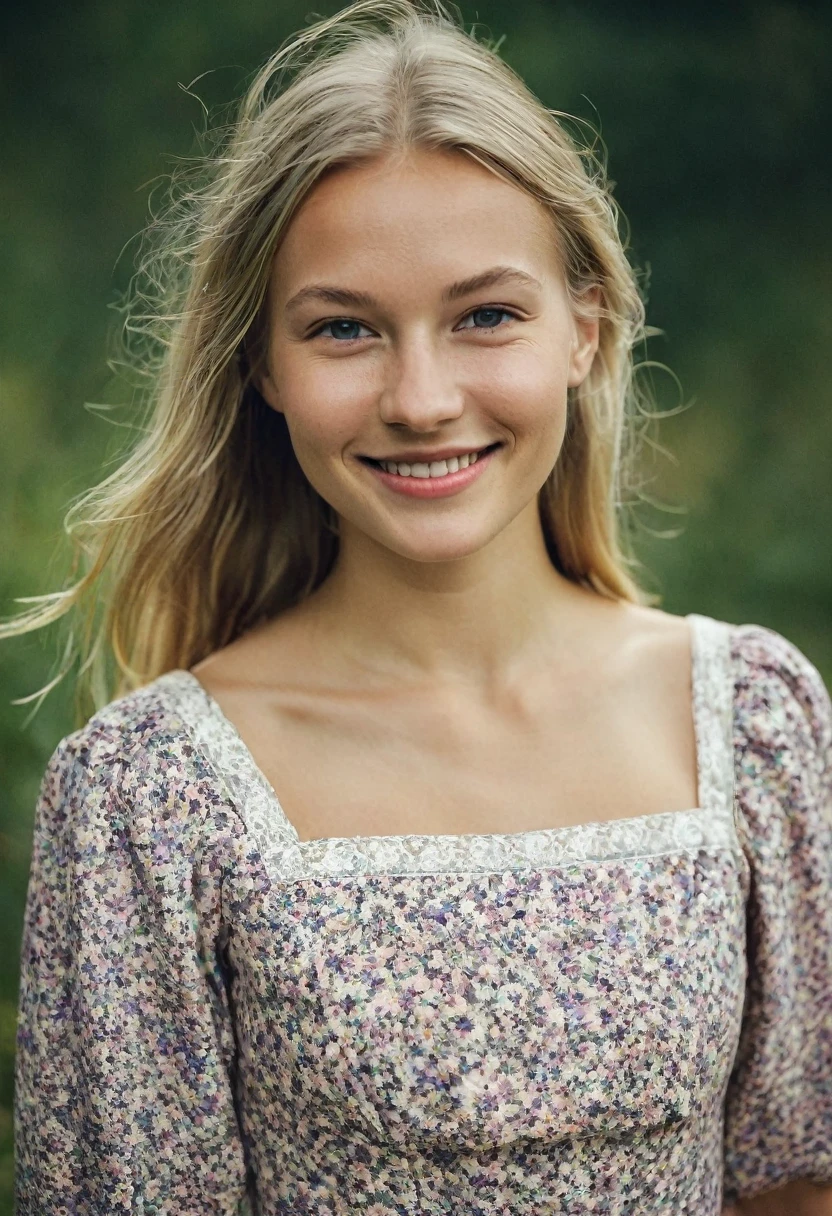 Portrait of a beautiful Norwegian girl, Small Breasts, Complex dress, Gentle smile, Natural lips, #1: Long blond hair with shaved sides , Blue-grey eyes, realism, Digital Painting, Concept Art, Smooth, Clear focus, Rule of Thirds, Style Fan