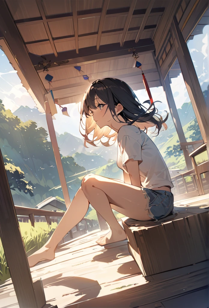 summer、Japanese countryside house、sitting on the edge。bucolic、Background of nature、Style、Countryside view、T-shirt girl、wind chimes、、One Girl、sunlight、Dynamic Angle((masterpiece,Highest quality))、