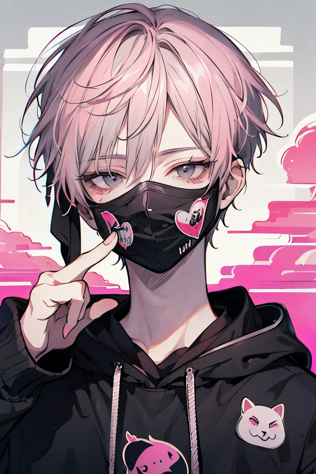 Beautiful young man, pink-haired, ((Gray eyes)),(short wave hair:1.2), Black mask, Black hoodie, Hood Up,High quality, amount of drawing, pixiv illustration,(keep out sticker:1.2),((Selfie pose:1.1)).