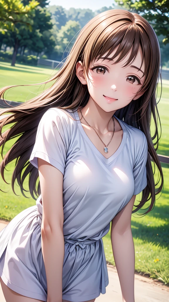 Highest quality、high resolution、High definition、HD、sports gym、(Nitta Minami、Long Hair、Medium chest、Brown Hair、Brown eyes、Glossy lips、Glowing Skin、Realistic skin texture、Neat spring clothes、necklace、A walk in the park、Date)、Love me、Stretch out your arms towards me、blush、Laughing with your mouth open)、(Depiction of only the upper body、Close to me)