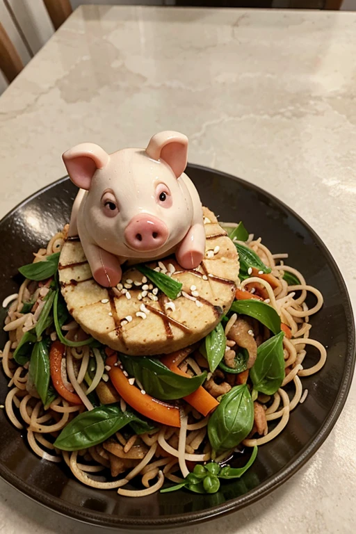 A pig logo holding a plate of stir-fried basil in the middle.