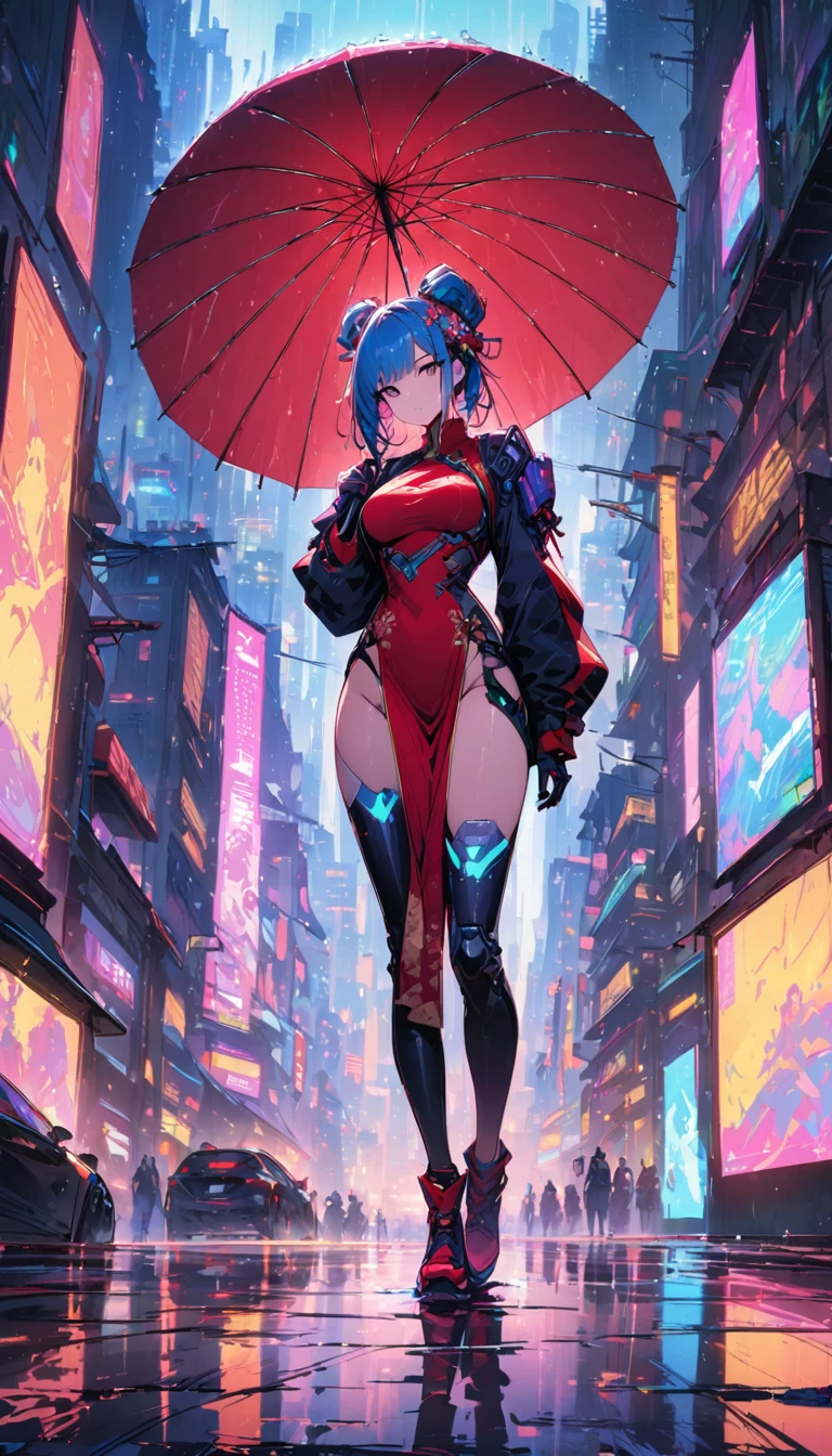 (best quality), (Super Fine), (masterpiece), illustration, 一个女孩China costume賽博朋克, (Holding an umbrella),(Cyberpunk,China costume,Cybernetic implants),Hair accessories, Vibrant colors,Dynamic Lighting,Neon lights,Glowing city skyline,Holographic projection,Fashionable clothes and shoes of the future,Combination of traditional and modern elements,Avant-garde makeup,Exquisite hairstyle,Confidence and determination,city environment,Heavy rain,Reflections on wet road,Metallic,Mechanical Armor, Gorgeous accessories,high-tech products,Impressive cybernetic enhancements,Be focused,detail, Overclocking, Rim Light, Fine light, masterpiece, 超级detail, Epic Works, Ultra HD, high quality, 32K,Half-length photo
