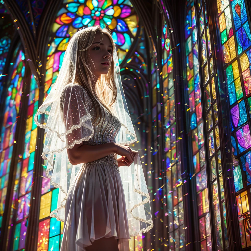 (Cathedral from below:1.28) (ZoomLayer) TopQuality 8K masterpiece of ((Professional photo)), (((Clarisse de Cagliostro))) (Detailed White WeddingDresses), Chain, (((Extremely detailed KAWAII face))) {((VeiledFace))|BlondeHair|(Elaborate BuleEyes)with(SparklingHighlights:1.28)}, The background is distant (((Elaborate stained glass))) Rainbow Glass, {(MysticSight)|EnchantingAtmosphere|Haze|(GodRays)|TyndallEffect}, Radiant PearlSkin with Transparency, (Exposed:0.39)