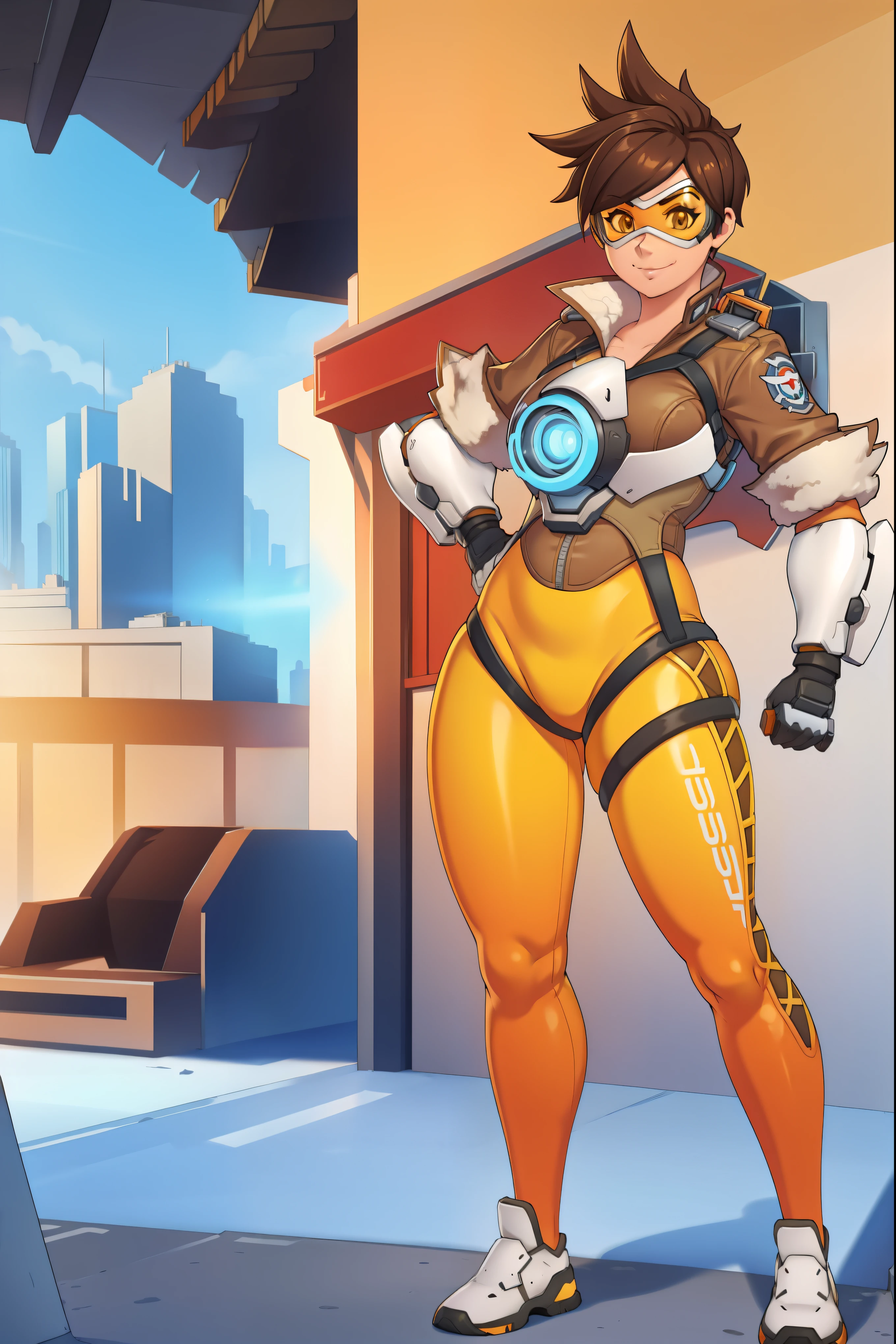 Up close, tracer, bomber jacket, chest harness, bodysuit, orange goggles leggings, shoes, bedroom, looking at viewer, standing, cheeky smile,