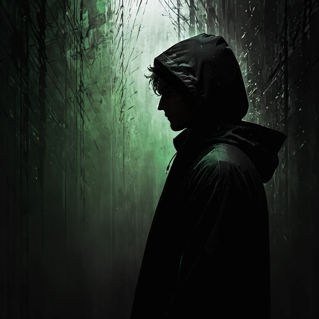 1 man, standing alone, earbuds, hooded cloak, silhuette, Green Theme, low saturation,silhuette,darkness,(Background with rich lines:1.8),abstract background, bright eyes detail, Look at the view,darkness,grayscale with gray level background,