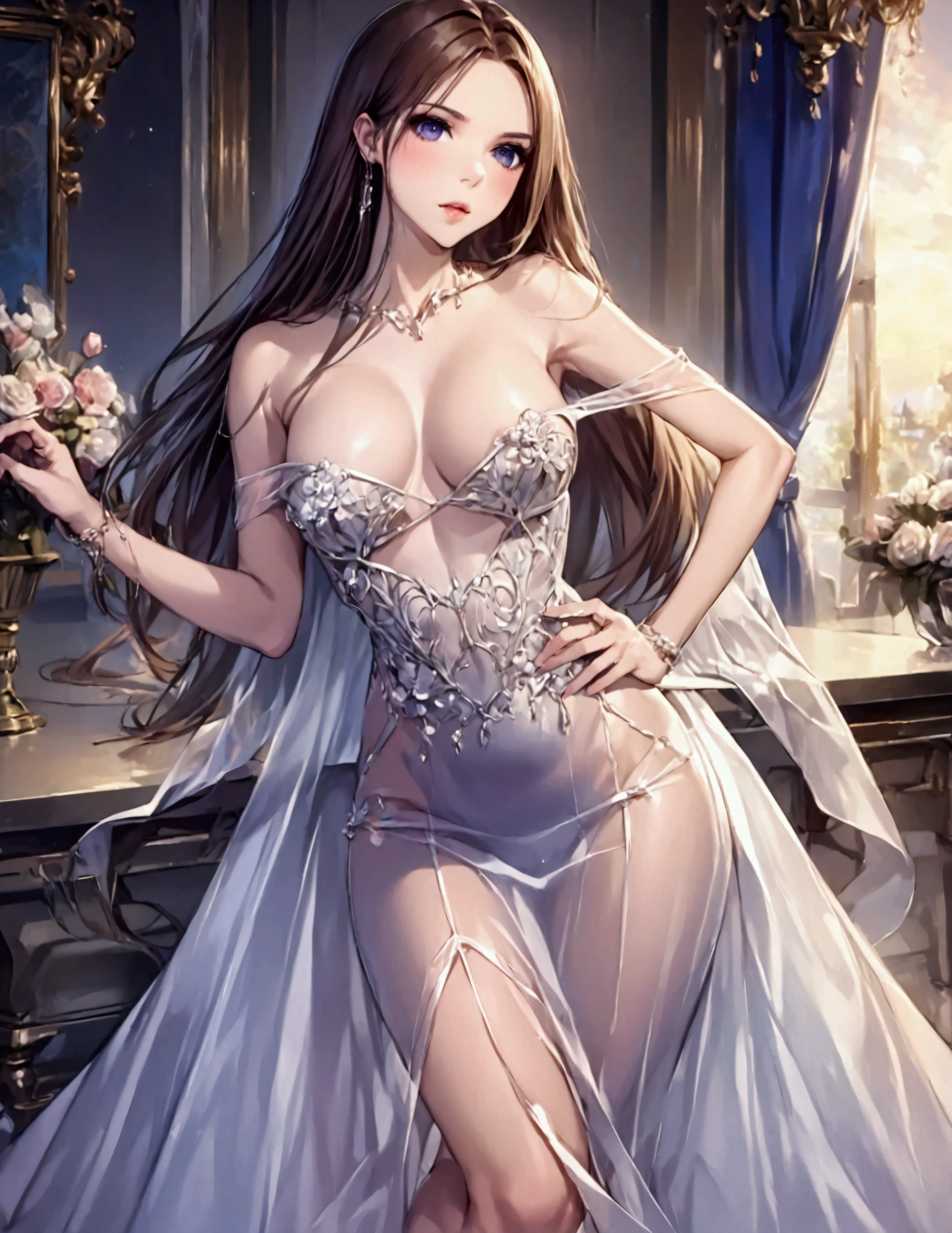 a beautiful woman, 25 years old, waist-length hair, trendy air sheer dress off the shoulders, exposed stomach, fashion party, glamour poses, hyper-detailed, realistic, 8k, photorealistic, masterpiece, dramatic lighting, cinematic, elegant, alluring, captivating, sensual, sophisticated, glamorous, stunning, ethereal, high-fashion
