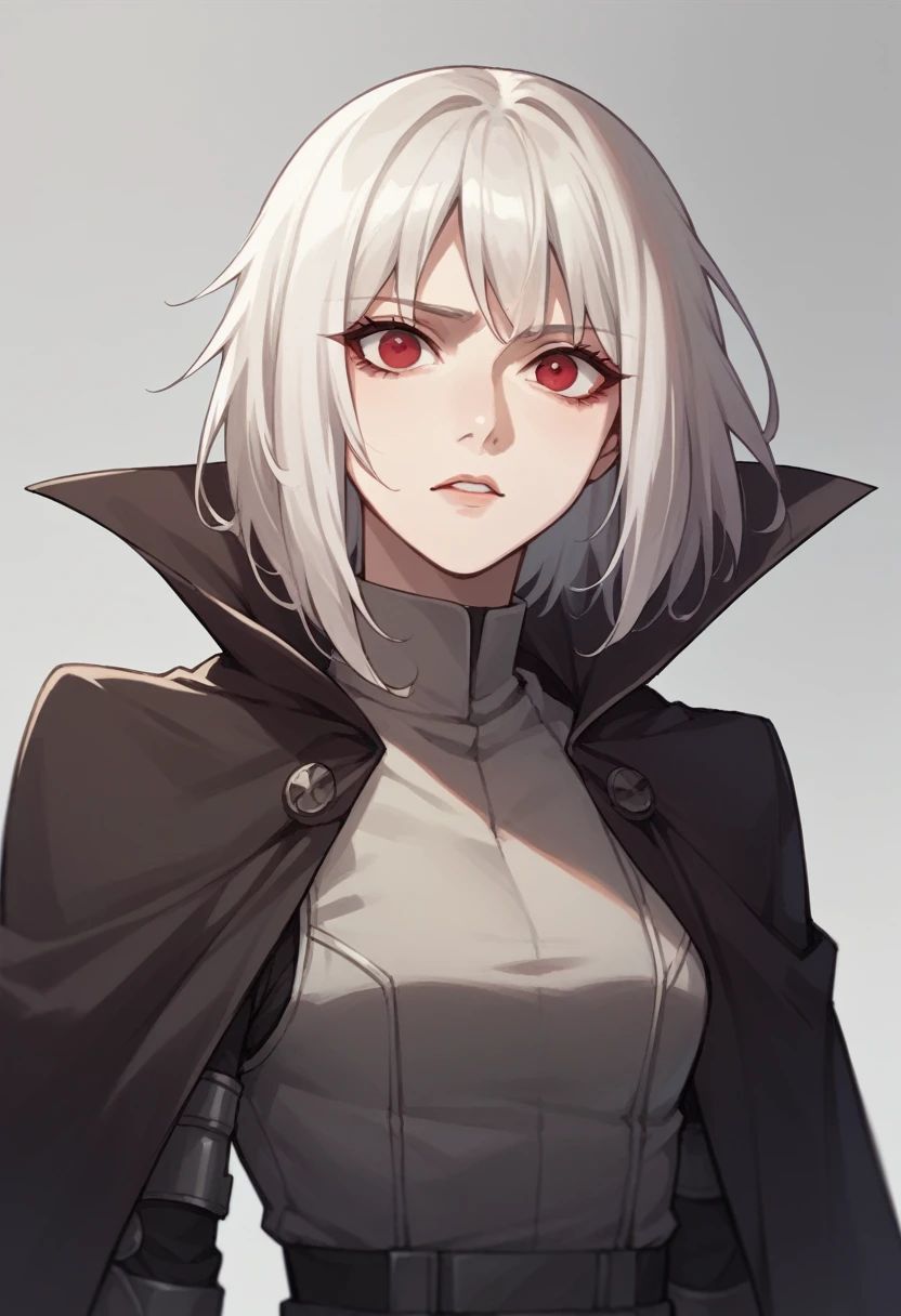 Anime Android girl, dark social clothes, red eyes, white bob hair, pale, quiet and racional