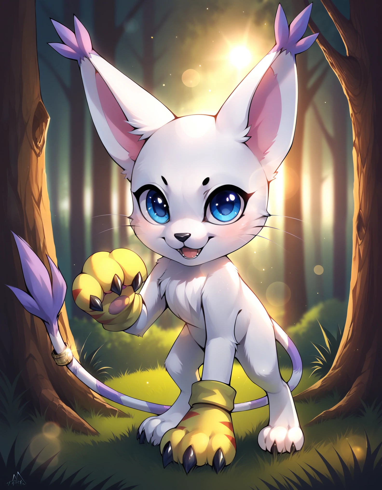 score_9,score_8_up,score_7_up, absurdres,masterpiece,outstanding,gatomon,digimon,feral, a photograph of gatomon standing, in a forest, blue eyes, tail ring, paw gloves, yellow gloves, feral,dof,bokeh