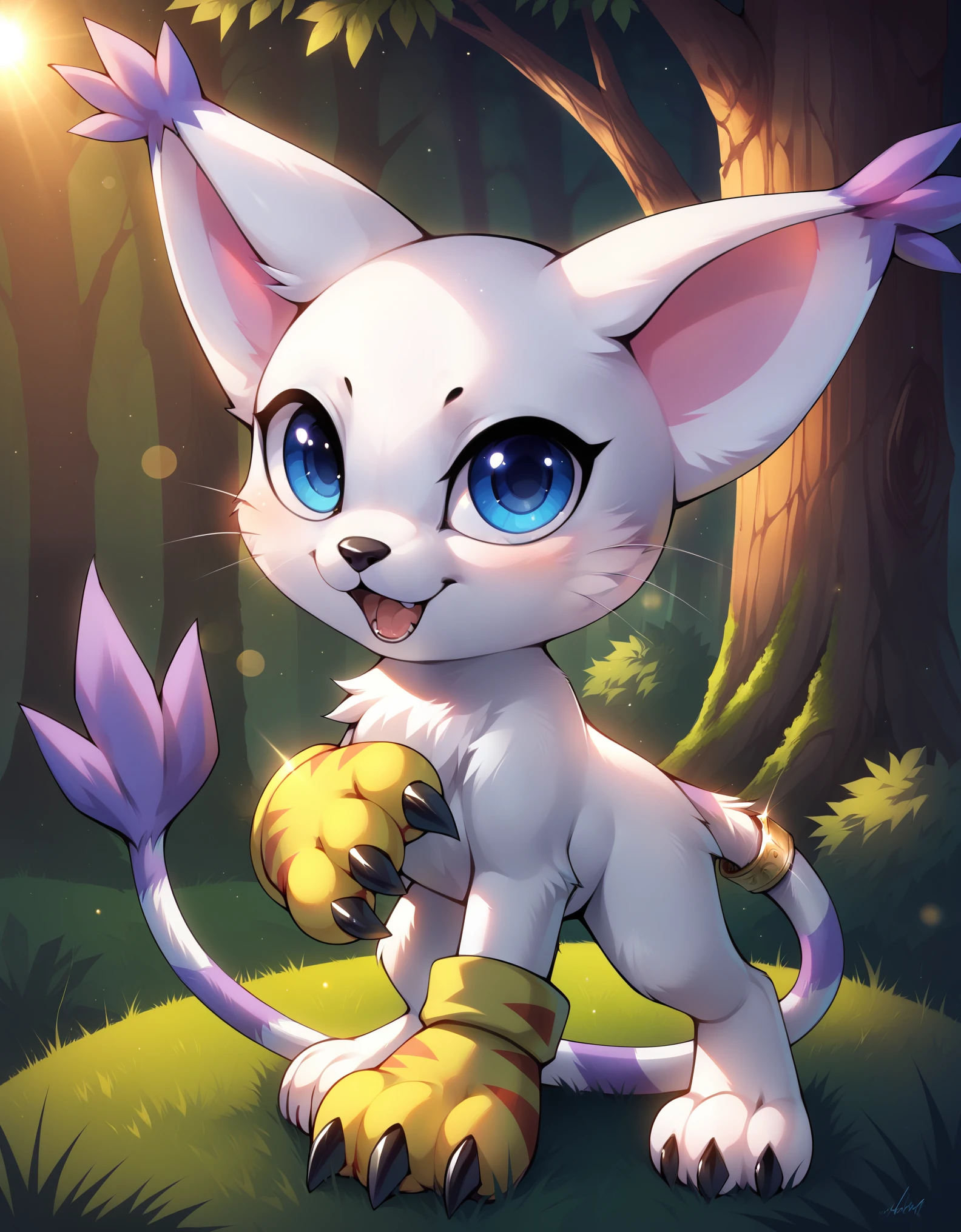 score_9,score_8_up,score_7_up, absurdres,masterpiece,outstanding,gatomon,digimon,feral, a photograph of gatomon standing, in a forest, blue eyes, tail ring, paw gloves, yellow gloves, feral,dof,bokeh