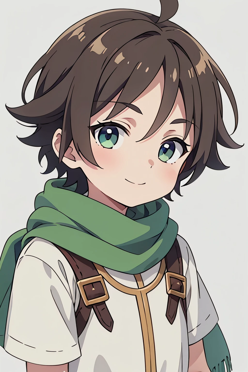 (high-quality, breathtaking),(expressive eyes, perfect face) 1boy, male, solo, , short height, age 5, darkown color hair, green eye color, spiked fluffy hair, wavy hair, short hair length, cute smile, childlike face, white tunic, green trim, green scarf, Symmetrical Eyes, portrait, positive expression, grey background, greek clothes, Hades Style clothing, Achilles scarf
