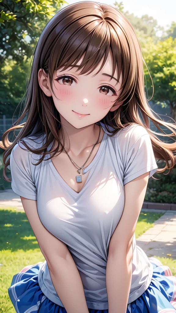 Highest quality、high resolution、High definition、HD、sports gym、(Nitta Minami、Long Hair、Medium chest、Brown Hair、Brown eyes、Glossy lips、Glowing Skin、Realistic skin texture、Neat spring clothes、necklace、A walk in the park、Date)、Love me、Stretch out your arms towards me、blush、Laughing with your mouth open)、(Depiction of only the upper body、Very close to me)
