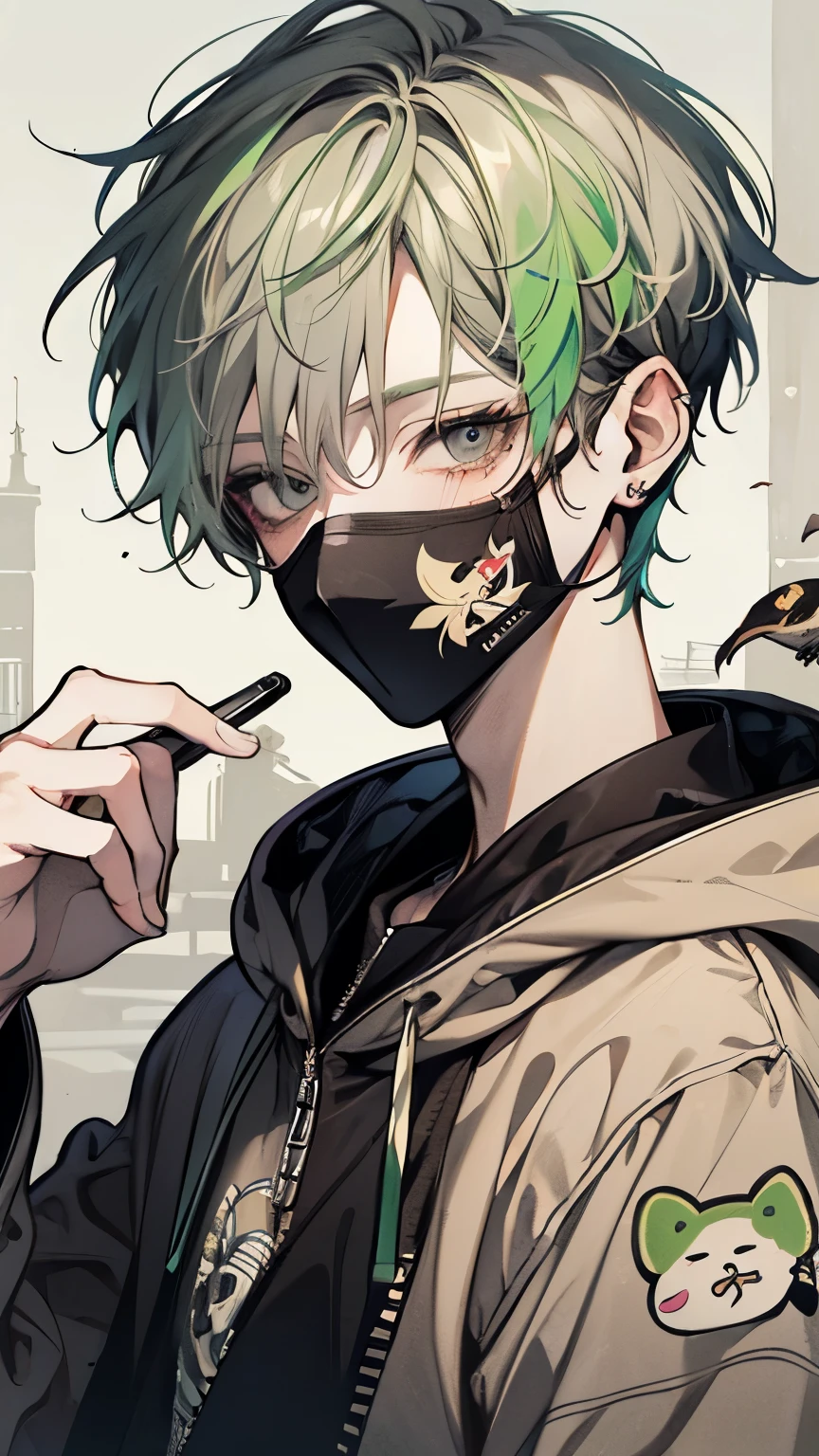 Beautiful young man, Lightgreen-haired, ((Gray eyes)),(short wave hair:1.2), Black mask, Beige Hoodie, Hood Up,High quality, amount of drawing, pixiv illustration,(animal sticker:1.2),((Selfie pose:1.1)).