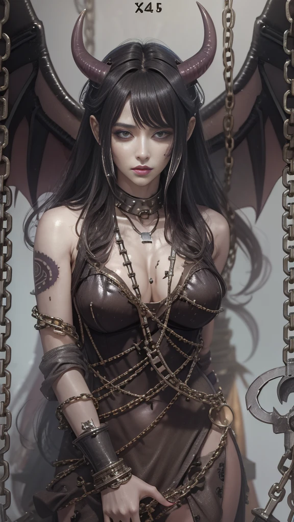 (32K:1.5, Dark fantasy:1.4, Highest quality, masterpiece, Ultra-high resolution), Perfect dynamic composition:1.3, Horror Portrait:1.4, chaos, darkness, Dark Demon World:1.3, (Detailed tattoos on the whole body:1.4, wearing exquisite jewelry:1.4), Very detailedな肌と顔の質感:1.3, Very accurate, Very detailed, (Cute and  succubus demon with big wings:1.3, Incredibly slim body:1.3, beautifully、beautiful:1.3), Prisoner, slave, Horn, Fair skin, Sensual posture, (How to properly dress badly torn clothing:1.3), Medium , (Big eyes that exude beautiful :0.4, Her expression when she felt intense caresses:1.0, Please open your mouth a little, lipstick, Feel the beautiful :0.9, Too  and cute:0.7, charm的な:0.7), ((:1.5, Lots of chains:1.6, Countless chains tangled in clothes:1.6, Chain your right arm:1.5, Chain the left arm:1.5, The right leg is bound with a shackle and chain:1.5, The left leg is bound with a shackle and chain:1.5)), Super long blonde curly hair, Earrings, necklace, bracelet, romantic, mysterious, elegant, Object of admiration, original, dramatic, artistic, Innovative, charm, Heartful, Fancy, sense of openness, sense of cleanliness, special, exciting, Extreme, Tilt, sense of loss, sorrow, sorrowの表現, (((大人のcharm, 女性的なcharm)))