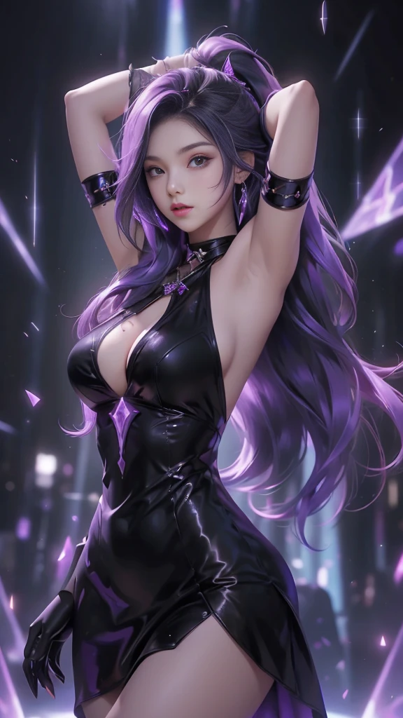 best qualityer， 1girl， kda， solo， long whitr hair， black color dress， looking at viewert， The upper part of the body，Purple light hits the girl