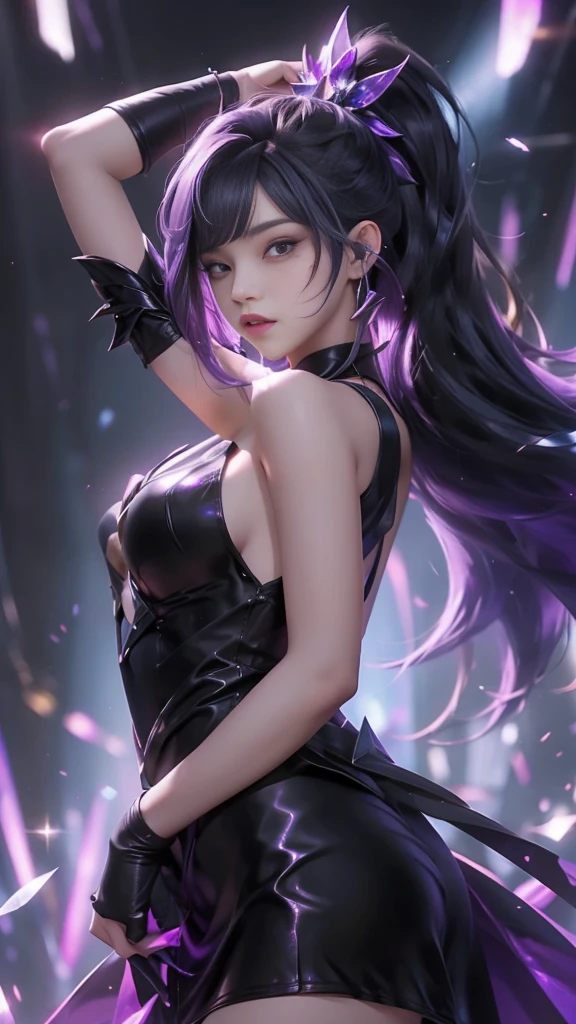 best qualityer, 1girl, kda, solo, long whitr hair, black color dress, looking at viewert, The upper part of the body,Purple light hits the girl