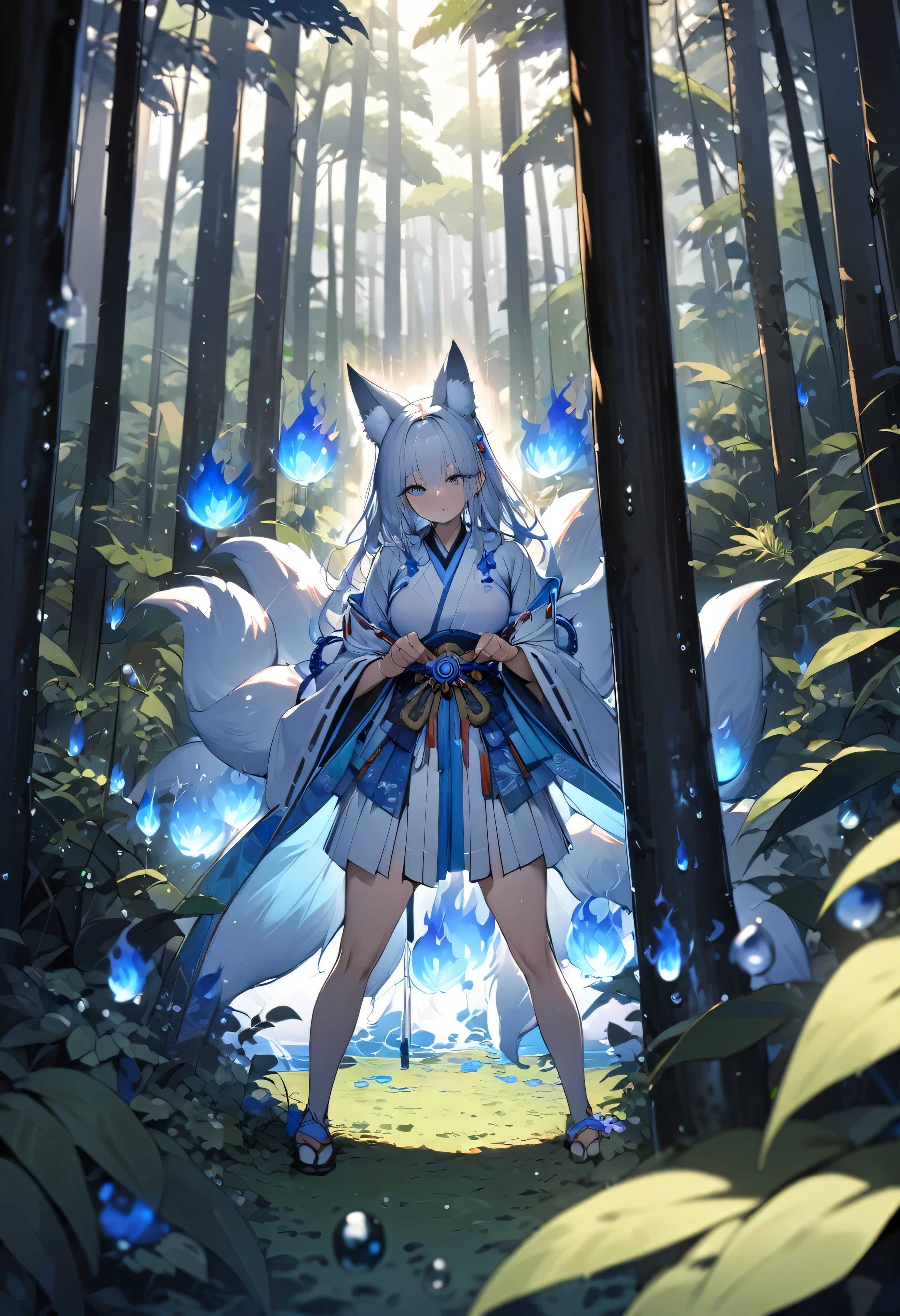 Masterpiece, Extremely detailed, close distance shot, (A beautiful kitsune woman peering through the leaves in a dense forest) , {she is surrounded by motes of blue fire}, facing viewer, (dynamic pose) , fox ears, nine fox tails, traditional Japanese clothing. Japanese sandels, ((vegetation in the forground, water droplets on leaves, subject partially obscured by vegetation)) , (moonlit night)