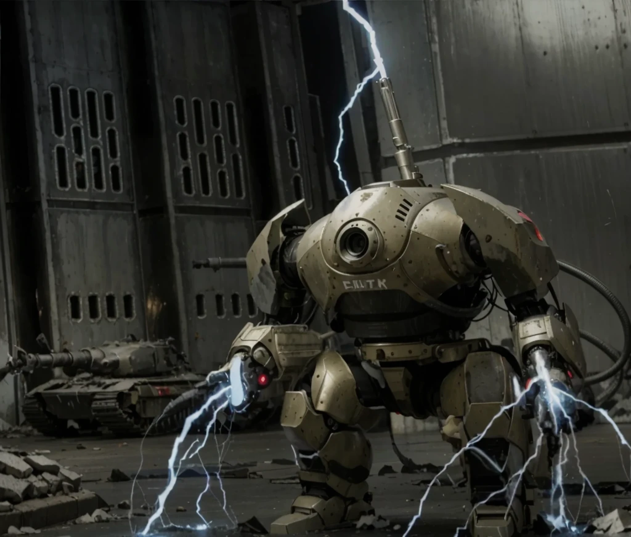 Robotic soldier, metallic gray suit, heavy Soviet style military uniform, black color with red details, metal shoulder pads, armored arms with built-in electric cannons, metal knee pads, metal backpack with tubes, his arms are heavy tesla cannons, is in a completely destroyed post-apocalyptic factory, 4k, ultra detailed image, realistic, highly detailed, perfect composition, splendid, intricately detailed, incredibly detailed, 8k art photography, hyper detailed, Masterpiece, ultra detailed, hyper realistic