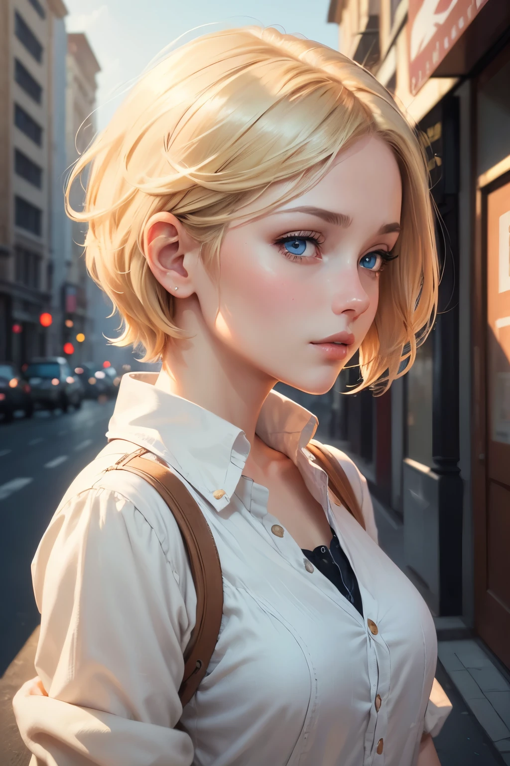 (masterpiece), (Best Quality, High resolution, Very detailed, illustration), 1 girl, Alone, city, contemporary, closeup of profile photo, beige blonde short hair, blue eyes, beautiful detailed eyes, trespass, trend in artstation, featured on Pixiv