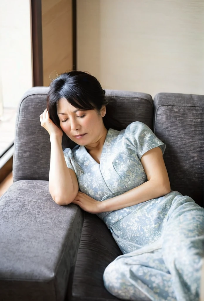 A Japanese housewife in her 40s taking a lazy nap on the sofa，Sleeping with one&#39;s legs spread apart、Thin, See-through camisole、Shortcuts，Flat Chest、Full body image、