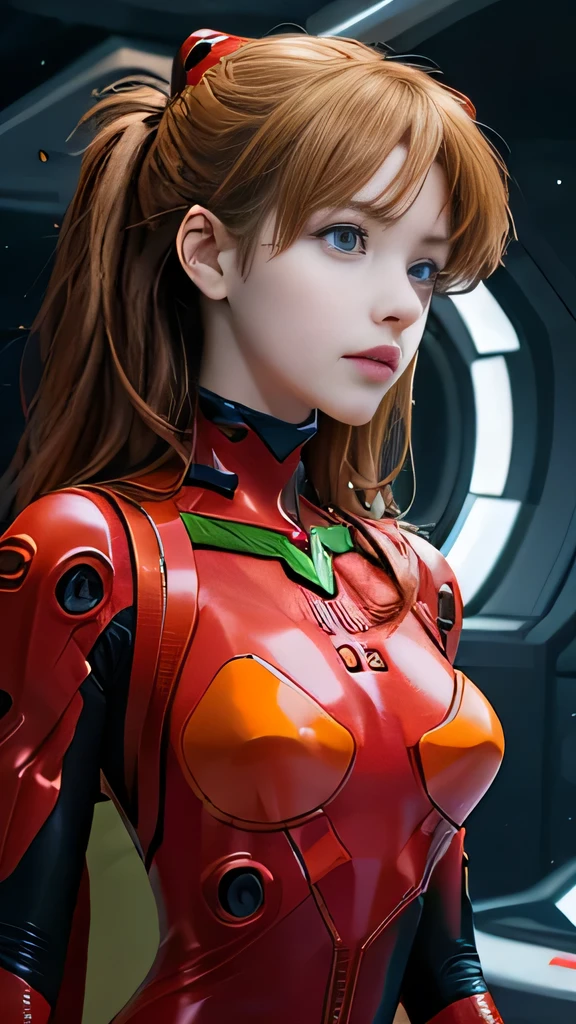 （overhead view），dynamic angle，superdetailed，illustration，Close up of，Straight Forward，1girl huge large breasts，souryuuasukalangley，
 （（souryuu asuka langley，Interface headset，red body suit：1.4，blondes）），Her eyes shone like dreamy stars，（gloweyes：1.233），（Beautiful and delicate eyes：1.1），（Expressionlessly，Keep your mouth shut），（to stand），
（Mechanical room with tools and spaceship windows in a white spaceship），
（night：1.2），Dreamlike， [[Slender fingers and hands：0.55]：：0.85]，（detail finger），