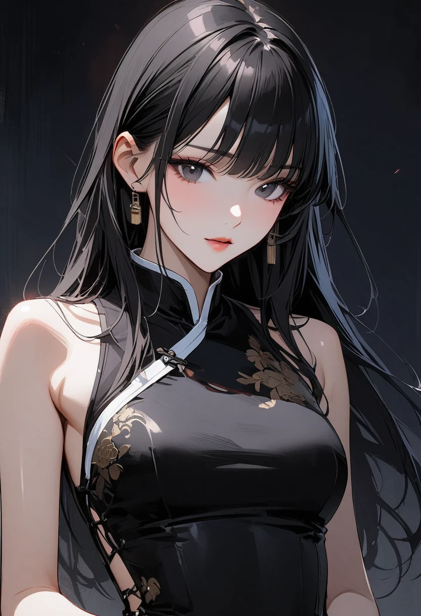 Young girl black hair black eyes cyberpunk high quality masterpiece high detail half body photo Chinese style with tattoos wearing cheongsam with full hair exposed