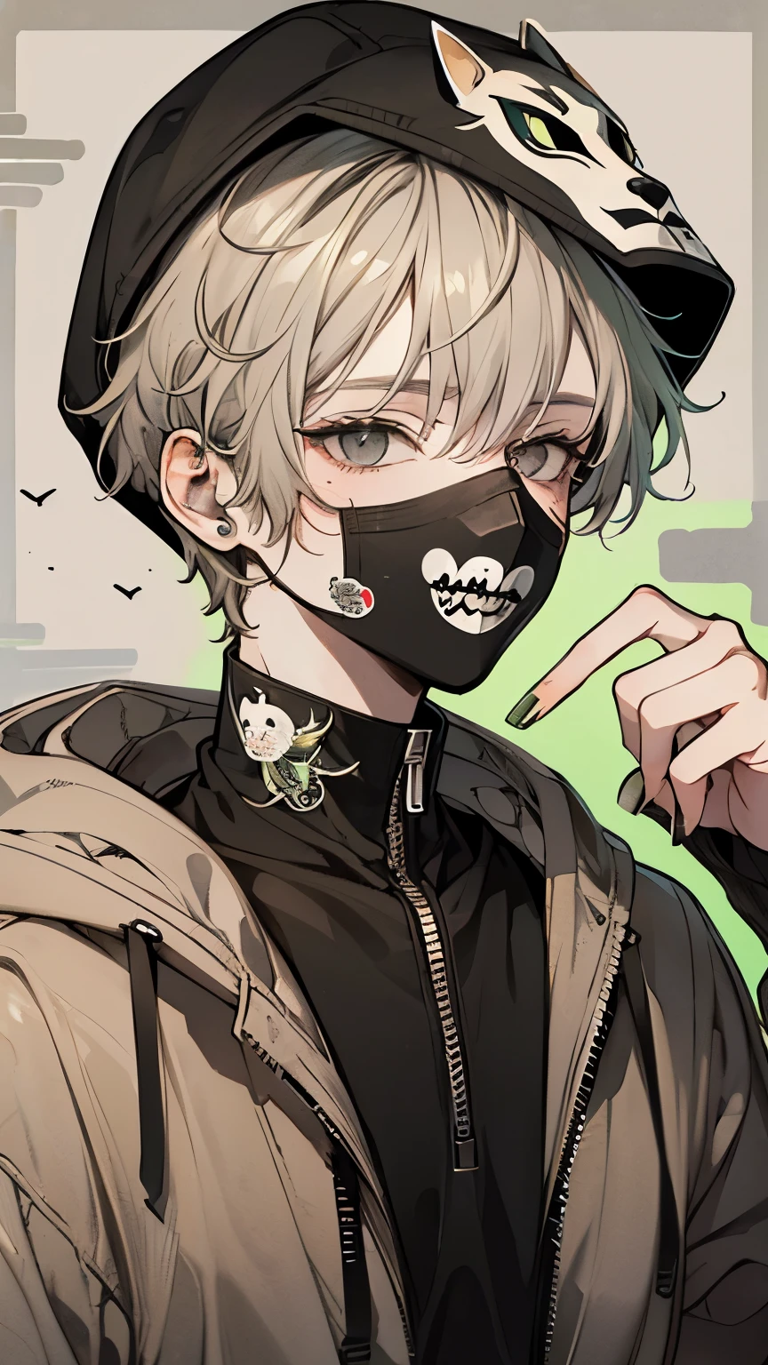 Beautiful young man, Lightgreen-haired, ((Gray eyes)),(short wave hair:1.2), Black mask, Beige Hoodie, Hood Up,High quality, amount of drawing, pixiv illustration,(animal sticker:1.2),((Selfie pose:1.1)).