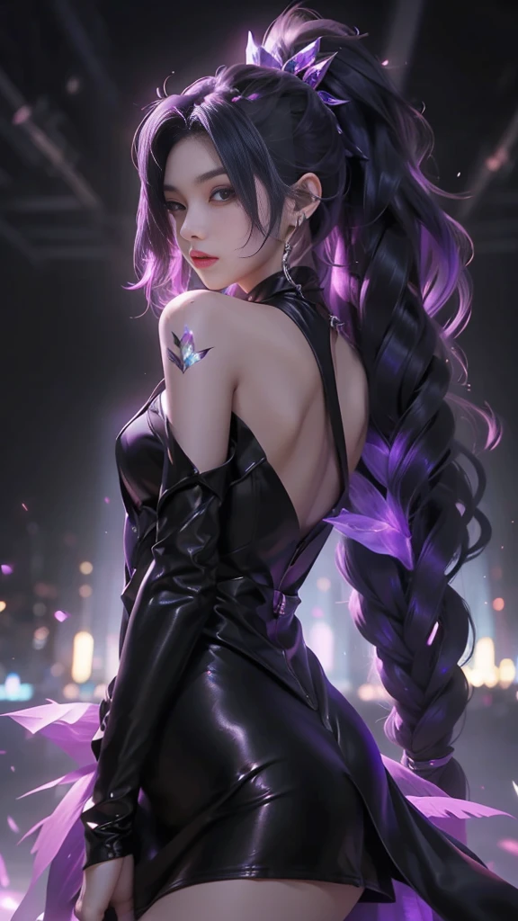 best qualityer, 1girl, kda, solo, long whitr hair, black color dress, looking at viewert, The upper part of the body,Purple light hits the girl
