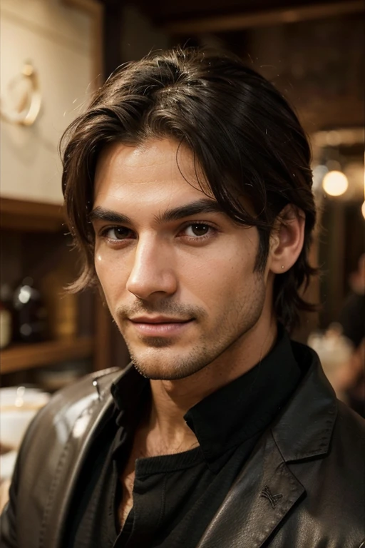 Can you please make a profile picture of my character in a cafe. He is Italian , 29 years old. with black hair stubble and looks like a tortured poet and wealthy. He is 6'1 - **Build:** Lean and athletic, with a well-defined yet not overly muscular physique, indicative of an active lifestyle.
- **Hair:** Dark brown, slightly wavy, and often kept at a medium length. His hair has a natural, effortlessly tousled look, giving him a relaxed and approachable vibe.
- **Eyes:** Warm hazel eyes with flecks of green, framed by thick, dark eyelashes. His eyes are expressive and often reveal his thoughtful and introspective nature.
- **Complexion:** Olive skin with a healthy glow, hinting at his Italian heritage.
- **Facial Features:** Strong jawline, high cheekbones, and a slightly aquiline nose. He has a well-groomed beard that he keeps neatly trimmed, adding to his sophisticated yet artistic appearance.
- **Smile:** His smile is warm and inviting, with a hint of mischief. His teeth are straight and white, and his smile often reaches his eyes, making them sparkle.
