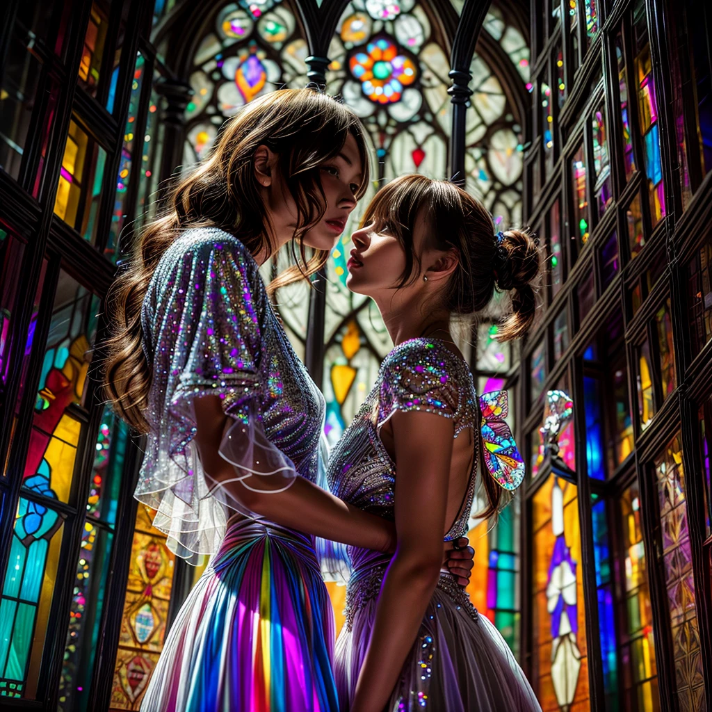 (Cathedral from below:1.28) (ZoomLayer) TopQuality 8K masterpiece of ((Professional photo)), (((Clarisse de Cagliostro))) (Detailed White WeddingDresses), Chain, (((Extremely detailed KAWAII face))) {((VeiledFace))|BlondeHair|(Elaborate BuleEyes)with(SparklingHighlights:1.28)}, The background is distant (((Elaborate stained glass))) Rainbow Glass, {(MysticSight)|EnchantingAtmosphere|Haze|(GodRays)|TyndallEffect}, Radiant PearlSkin with Transparency, (Exposed:0.39)