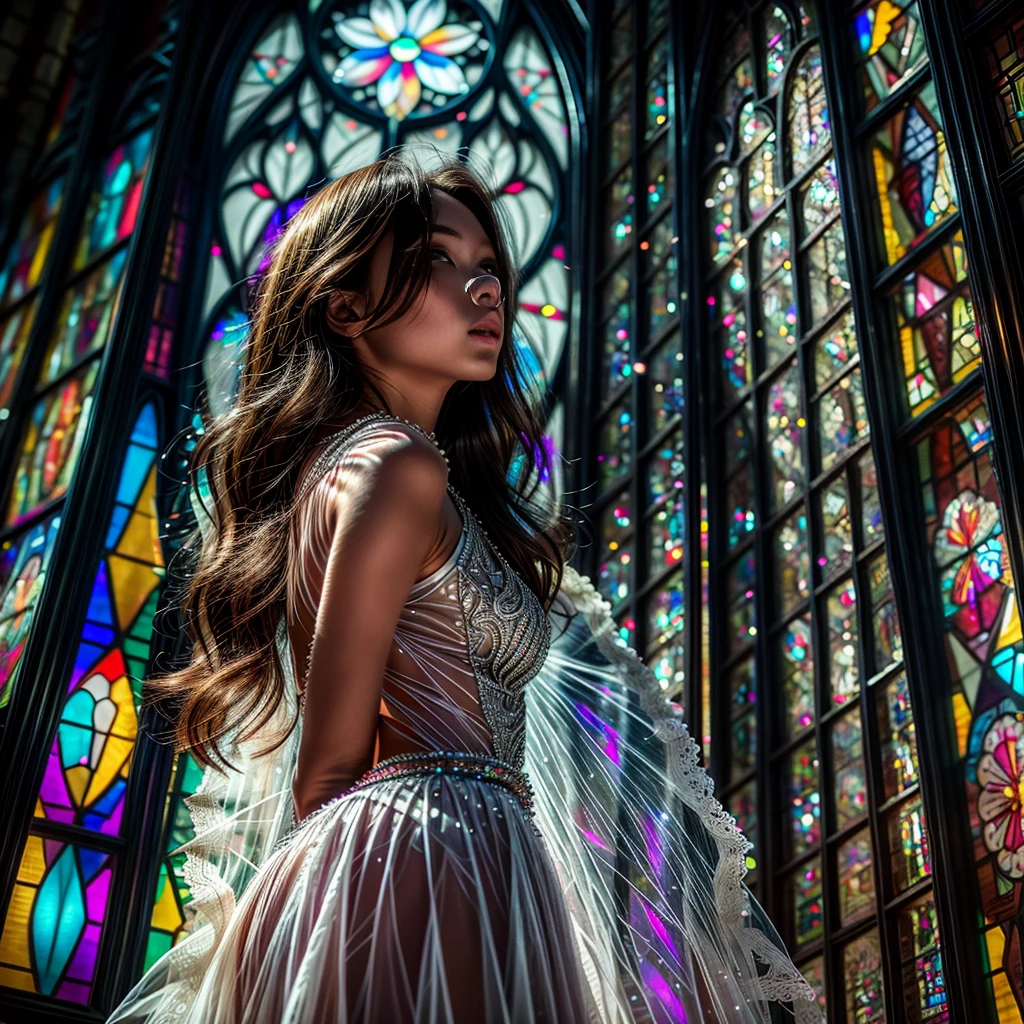  (Cathedral from below:1.28) (ZoomLayer) TopQuality 8K masterpiece of ((Professional photo)), (((Clarisse de Cagliostro))) (Detailed White WeddingDresses), Chain, (((Extremely detailed KAWAII face))) {((VeiledFace))|BlondeHair|(Elaborate BuleEyes)with(SparklingHighlights:1.28)}, The background is distant (((Elaborate stained glass))) Rainbow Glass, {(MysticSight)|EnchantingAtmosphere|Haze|(GodRays)|TyndallEffect}, Radiant PearlSkin with Transparency, (Exposed:0.39)