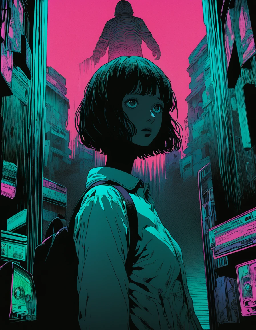 illust、art、directed by Junji Ito、The statue of anxiety、nightmare、anxiety、Double Image、high detail, realsitic shadow、og style, vhs style, 8mm film, chromatic aberration, Dvd screengrab、Complementary color gradient、Surrealism