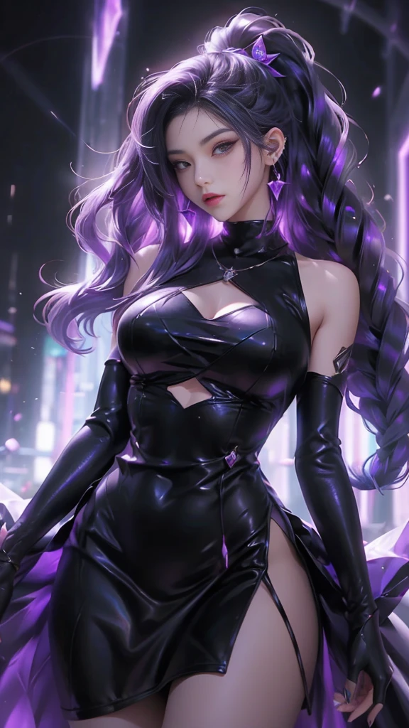 best qualityer, 1girl, kda, solo, long whitr hair, black color dress, looking at viewert, The upper part of the body,Purple light hits the girl