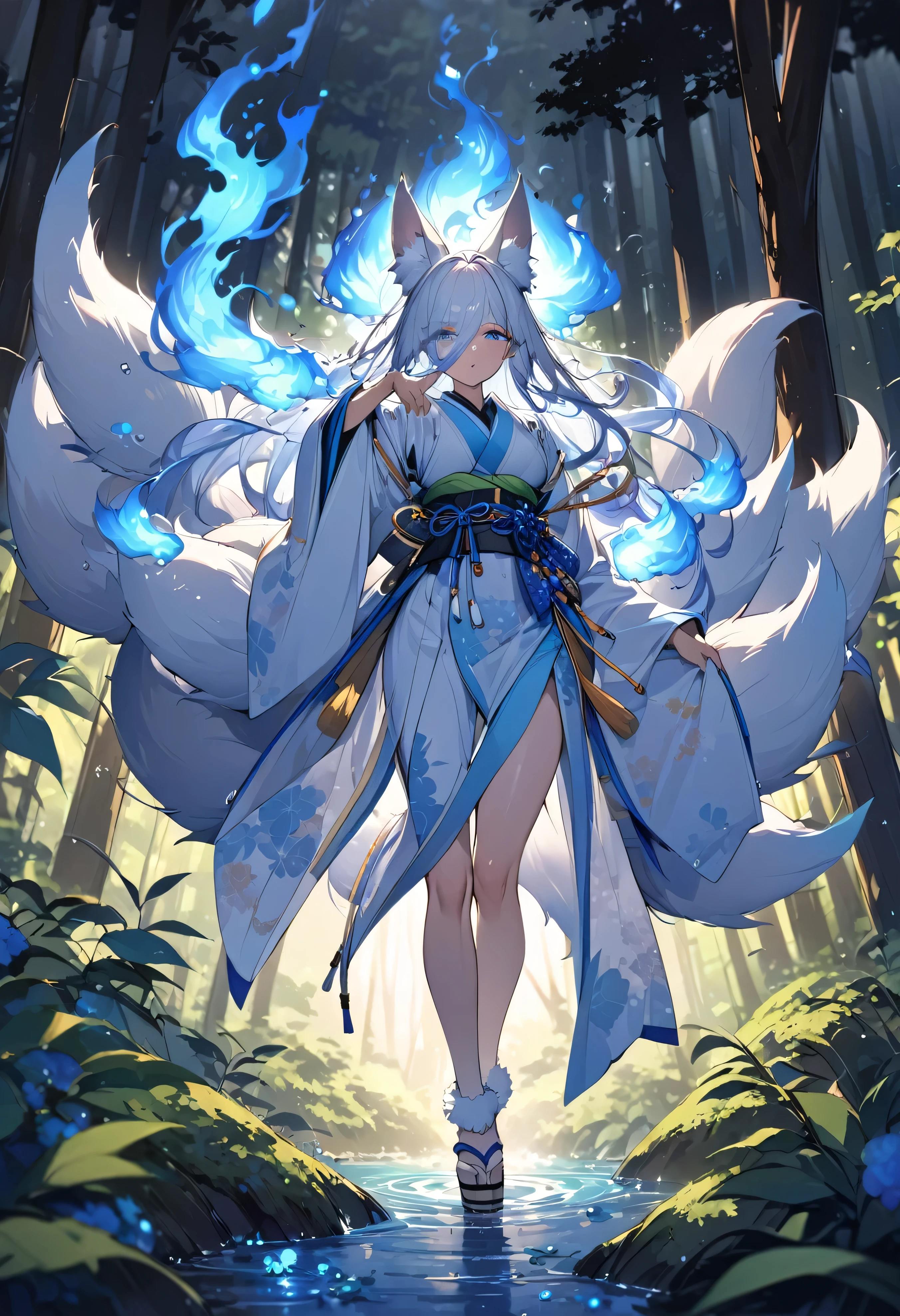 Masterpiece, Extremely detailed, close distance shot, (A beautiful kitsune woman peering through the leaves in a dense forest) , {she is surrounded by motes of blue fire}, facing viewer, (dynamic pose) , fox ears, nine fox tails, traditional Japanese clothing. Japanese sandels, (vegetation in the forground, water droplets on leaves, subject partially obscured by vegetation) , moonlit night