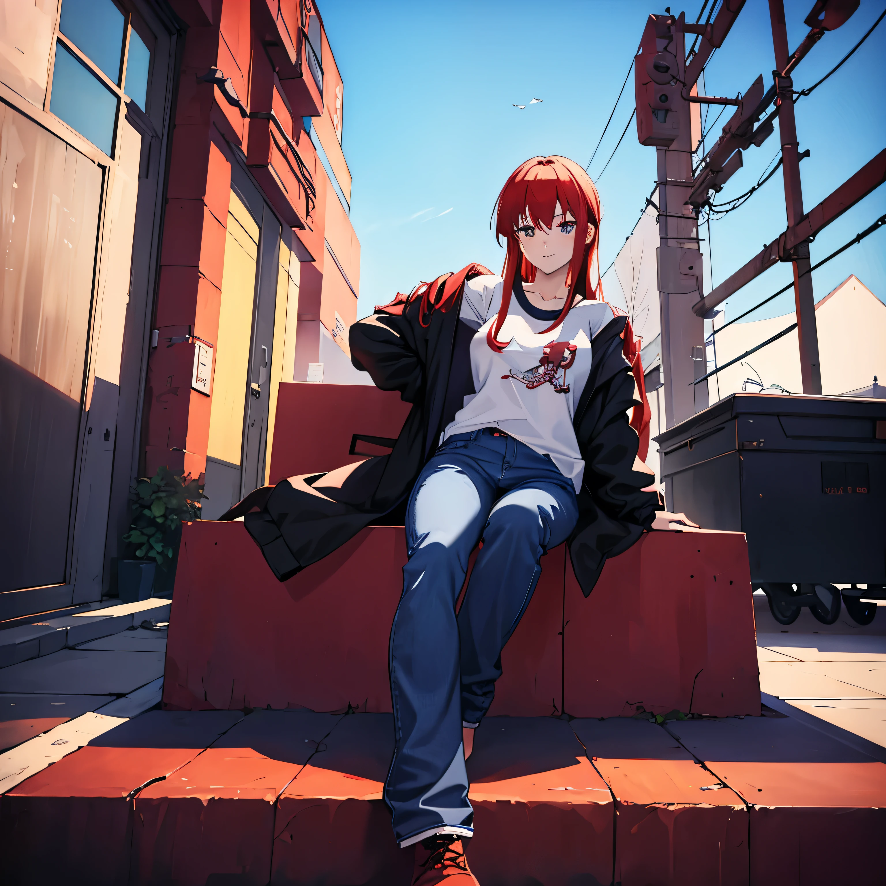 anime girl with long red hair, sitting, blue eyes, (full body picture)), anime style 4 k, best anime 4k konachan wallpaper, ((wearing baggy jeans)), wearing red ankle boots, wearing a white tee shirt, wearing a black jacket, digital anime art, anime working girl, mechanic anime girl, badass anime 8 k, e - girl, e-girl, anime girl with red hair, anime art wallpaper 8 k, urban background