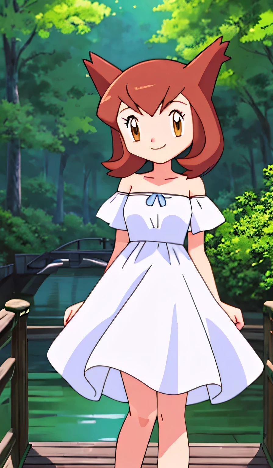 masterpiece, best quality, ultra-detailed, illustration, beautiful detailed eyes, very detailed illustration, cinematic lighting, 1 girl, solo, Pokemon Heroes, Latias (Bianca), Latias’ Brown Hair Ears, brown eyes, 1 girl, solo, bare shoulders, strapless, off shoulders, ruffle off the shoulder top, white maxi dress, white slippers, intricate details, sharp focus, high resolution, the background of beautiful forest and canals, smile, cowboy shot, standing on the bridge, arms behind back, anime style, ultra-detailed, hdr, in the center