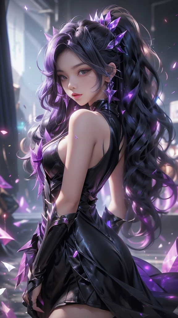 best qualityer, 1girl, kda, solo, long whitr hair, black color dress, looking at viewert, The upper part of the body,Purple light hits the girl