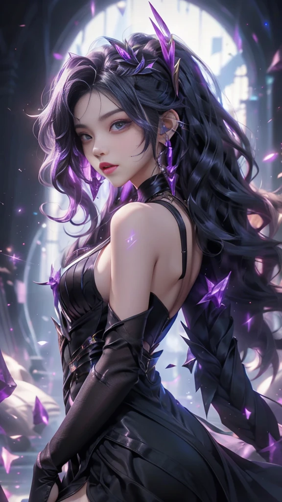 best qualityer, 1girl, kda, solo, long whitr hair, black color dress, looking at viewert, The upper part of the body,Purple light hits the girl