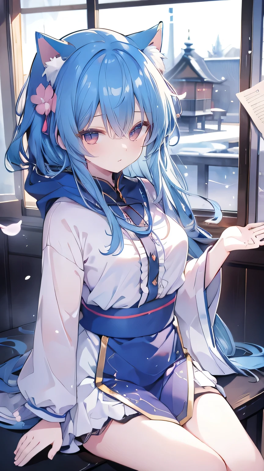 (masterpiece:1.2),Super detailed,lifelike,Expressive eyes,fair skin,perfect face shape,1 girl,
Japanese comics,Gorgeous blue hair,flowing blue hair,flowing clothes,Cat ears,Petals fall,beautiful lola,Baby Angel,
Shaking head with one hand,Cross your legs,Gentle and peaceful background,The pavilion is cool and comfortable,smile, wearing hoodie, In front of the window,snowing